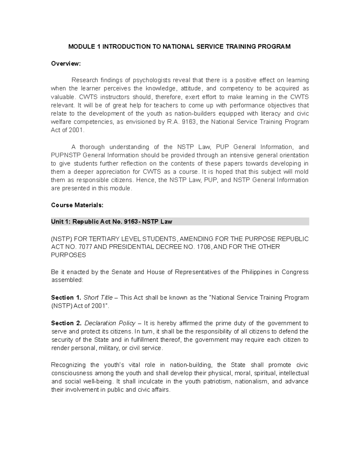 CWTS Introduction To NSTP - MODULE 1 INTRODUCTION TO NATIONAL SERVICE ...