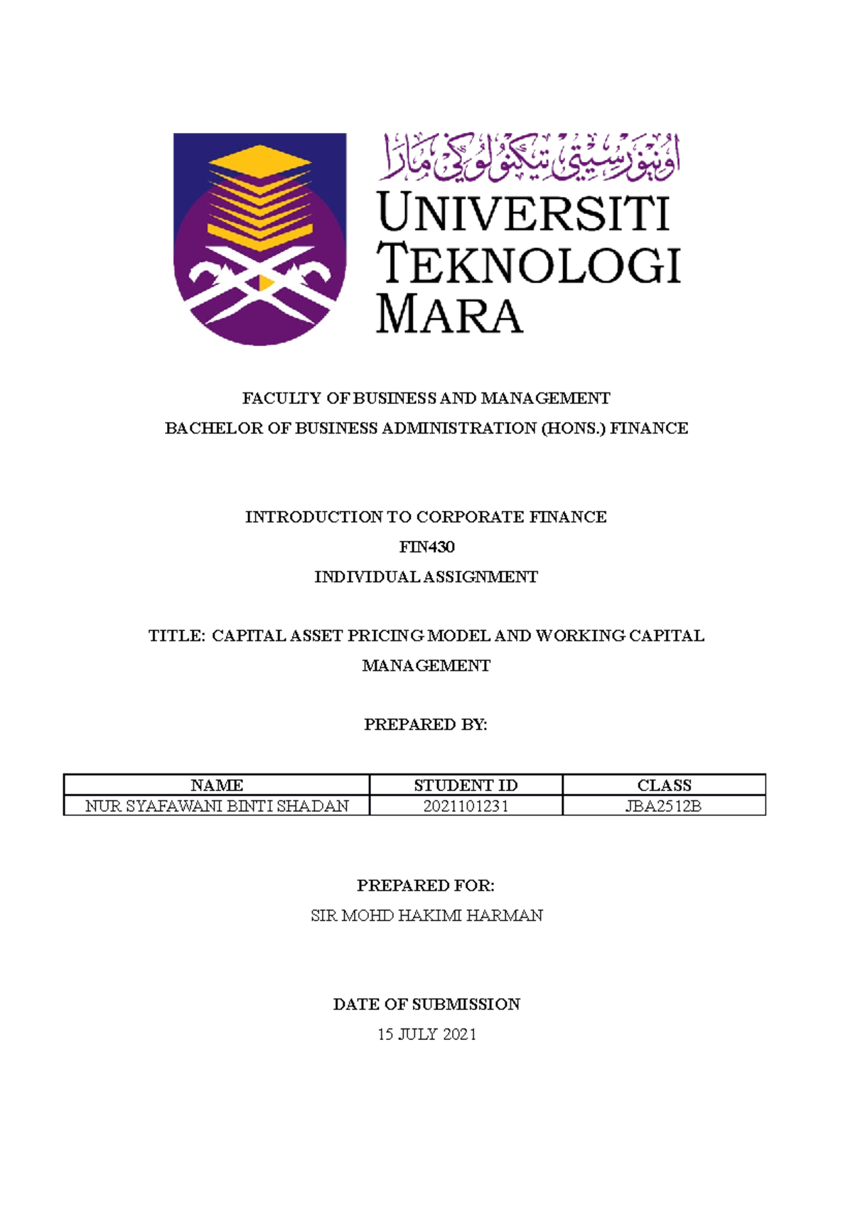 Fin430 individual assignment - FACULTY OF BUSINESS AND MANAGEMENT ...