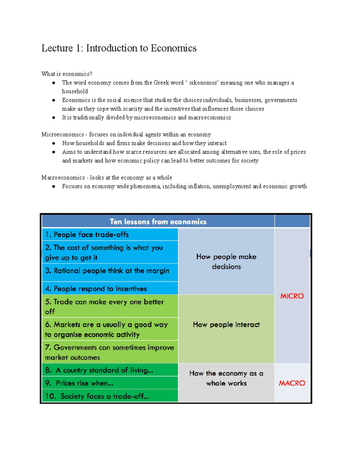 Compact Lecture Notes From Week 1 4 Lecture 1 Introduction To Economics What Is Economics The Studocu