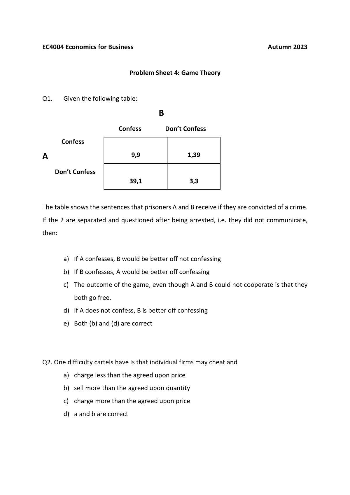 EC4004 Problem Set 04 - EC4004 Economics For Business Autumn 2023 ...