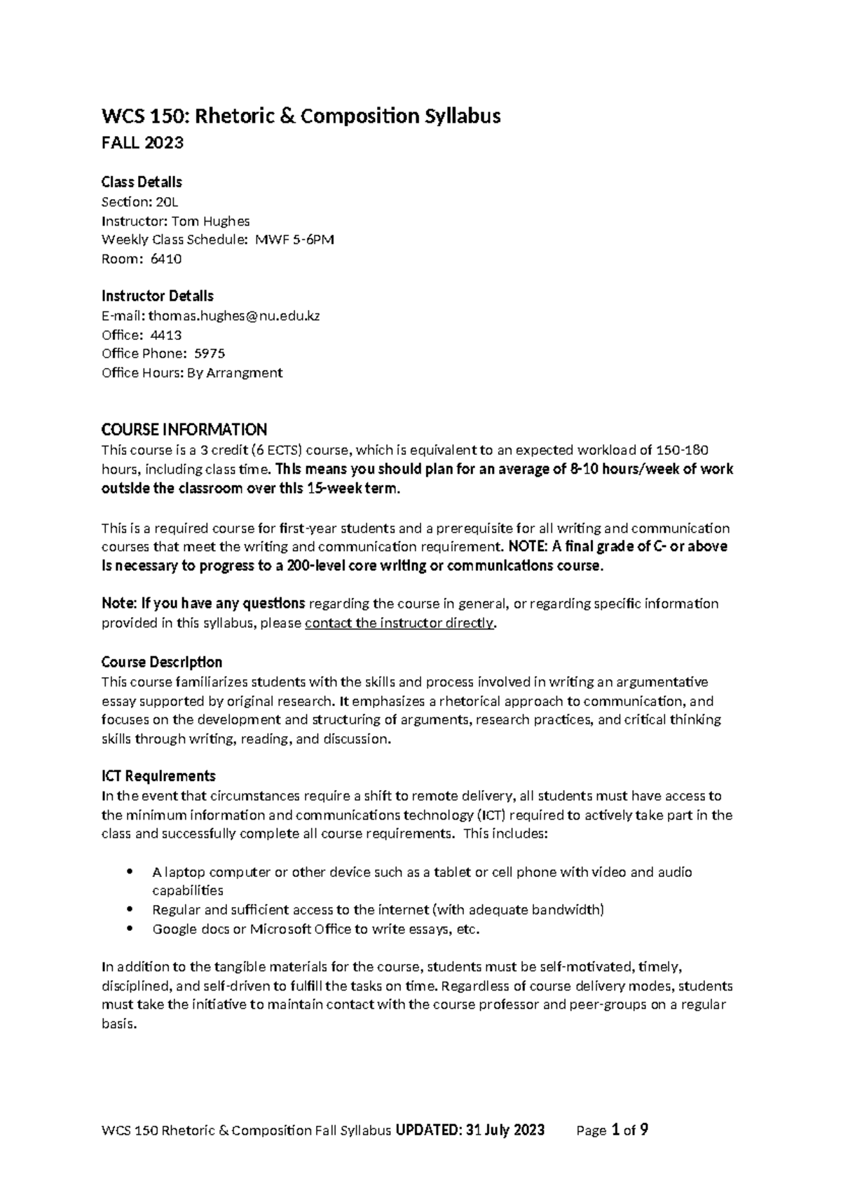 Syllabus 20L - WCS 150: Rhetoric & Composition Syllabus FALL 2023 Class ...