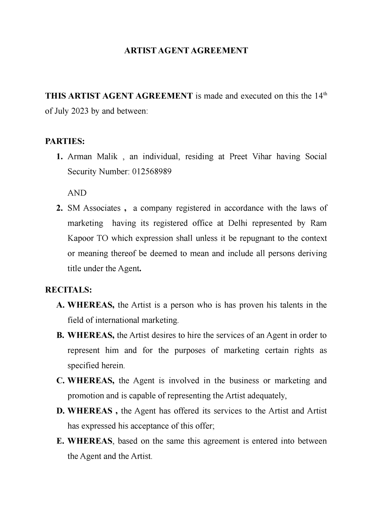 Artist Agent Agreement - ARTIST AGENT AGREEMENT THIS ARTIST AGENT ...