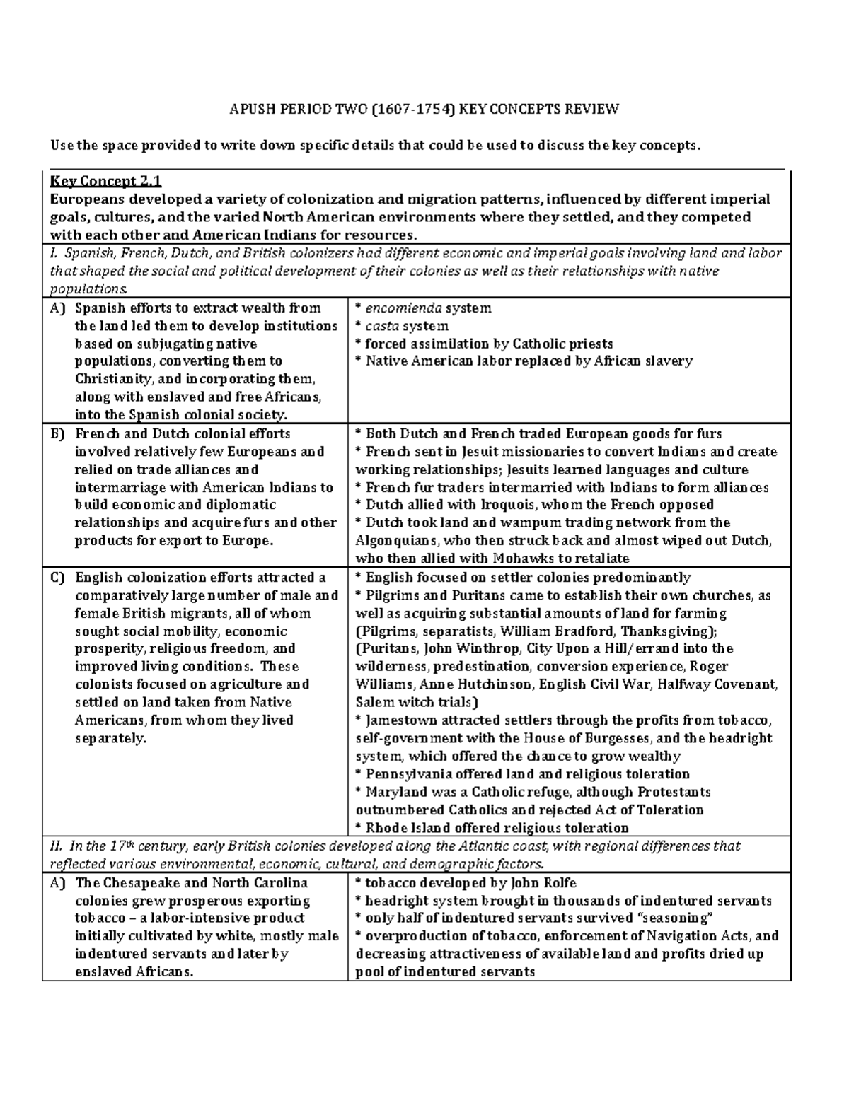 Period Two Key Concept Framework Filled In 2 APUSH PERIOD TWO 1607 
