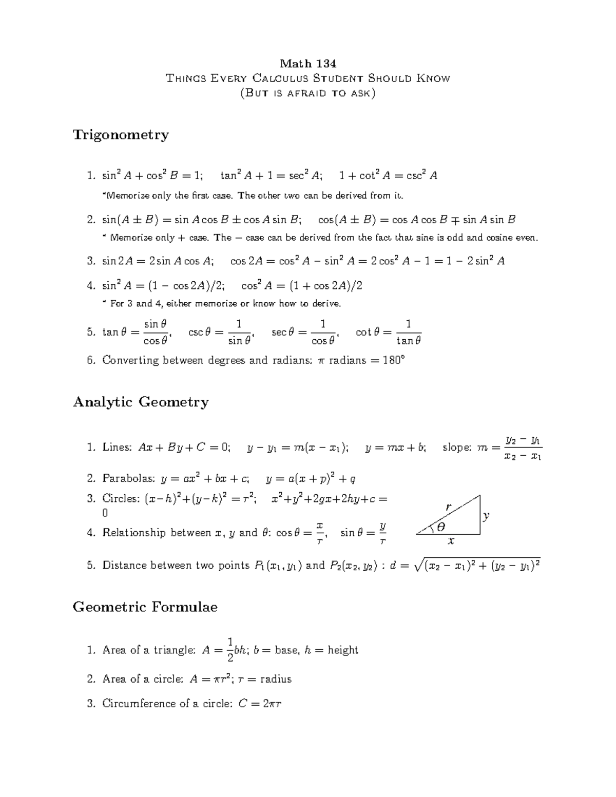 Things To Know Sheet - Summary Calculus For The Life Sciences I - Math 