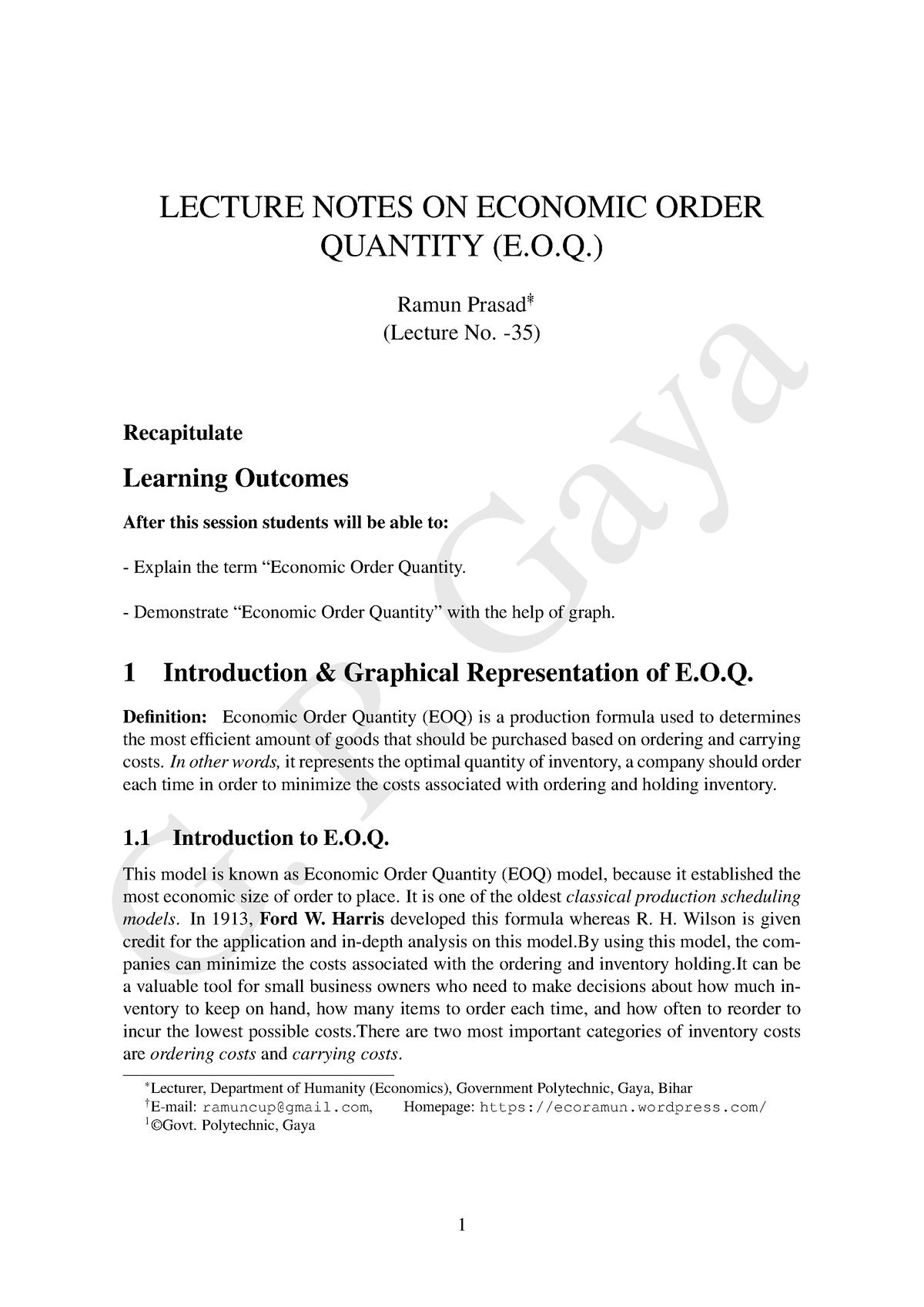 Lecturenotes 35 - Notes - G. P. Gaya LECTURE NOTES ON ECONOMIC ORDER ...