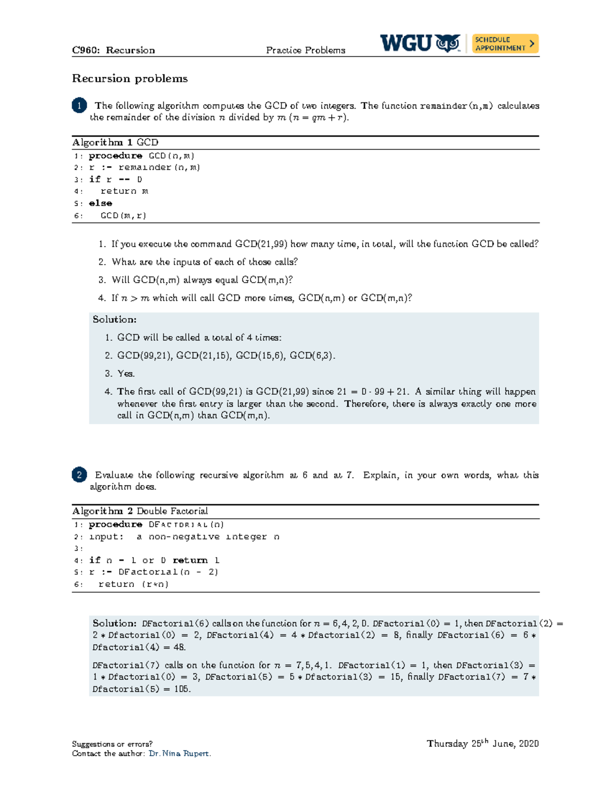 C960 recursion answers - Recursion problems 1 The following algorithm ...