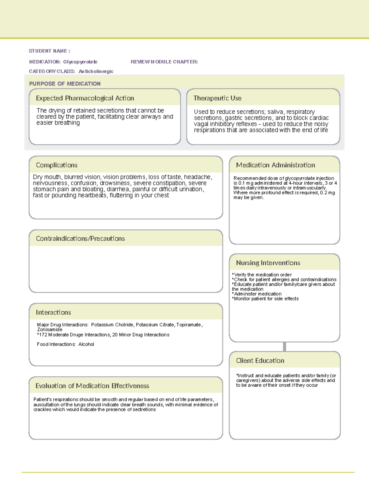 Glycopyrrolate - ATI Remediation Template - STUDENT NAME : Alison ...