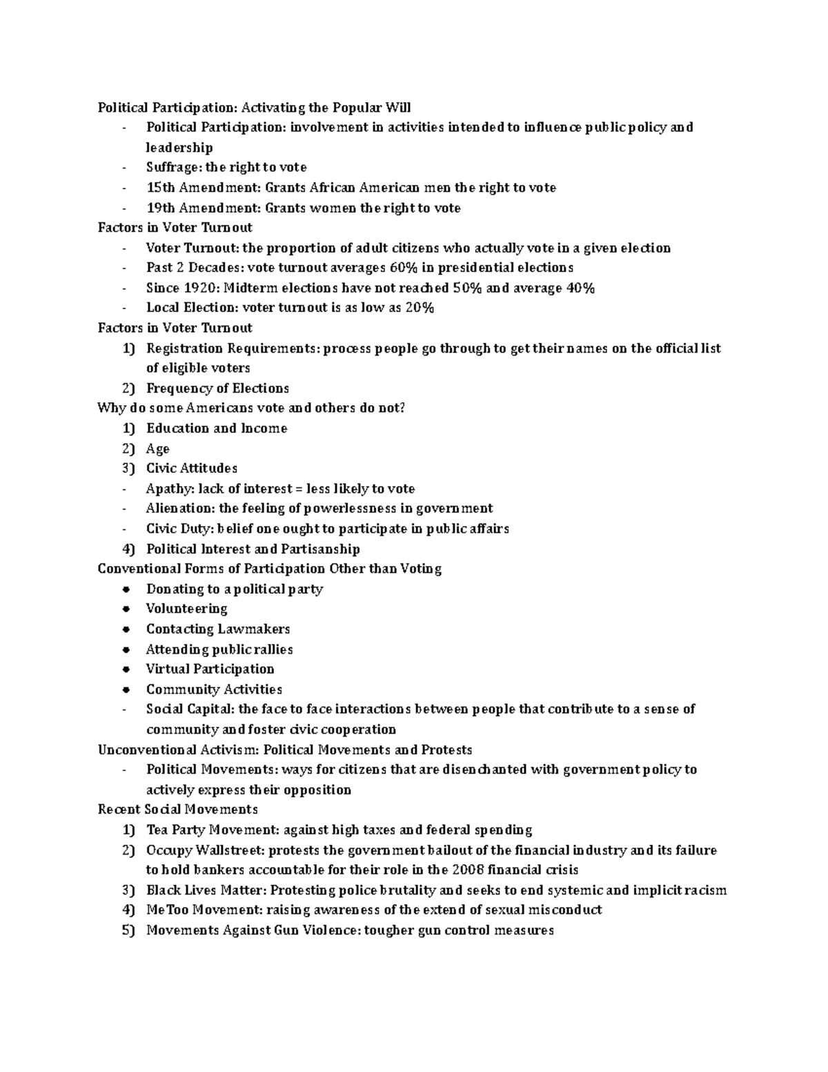 Chapter 7 Poli Sci - Political Participation: Activating The Popular ...