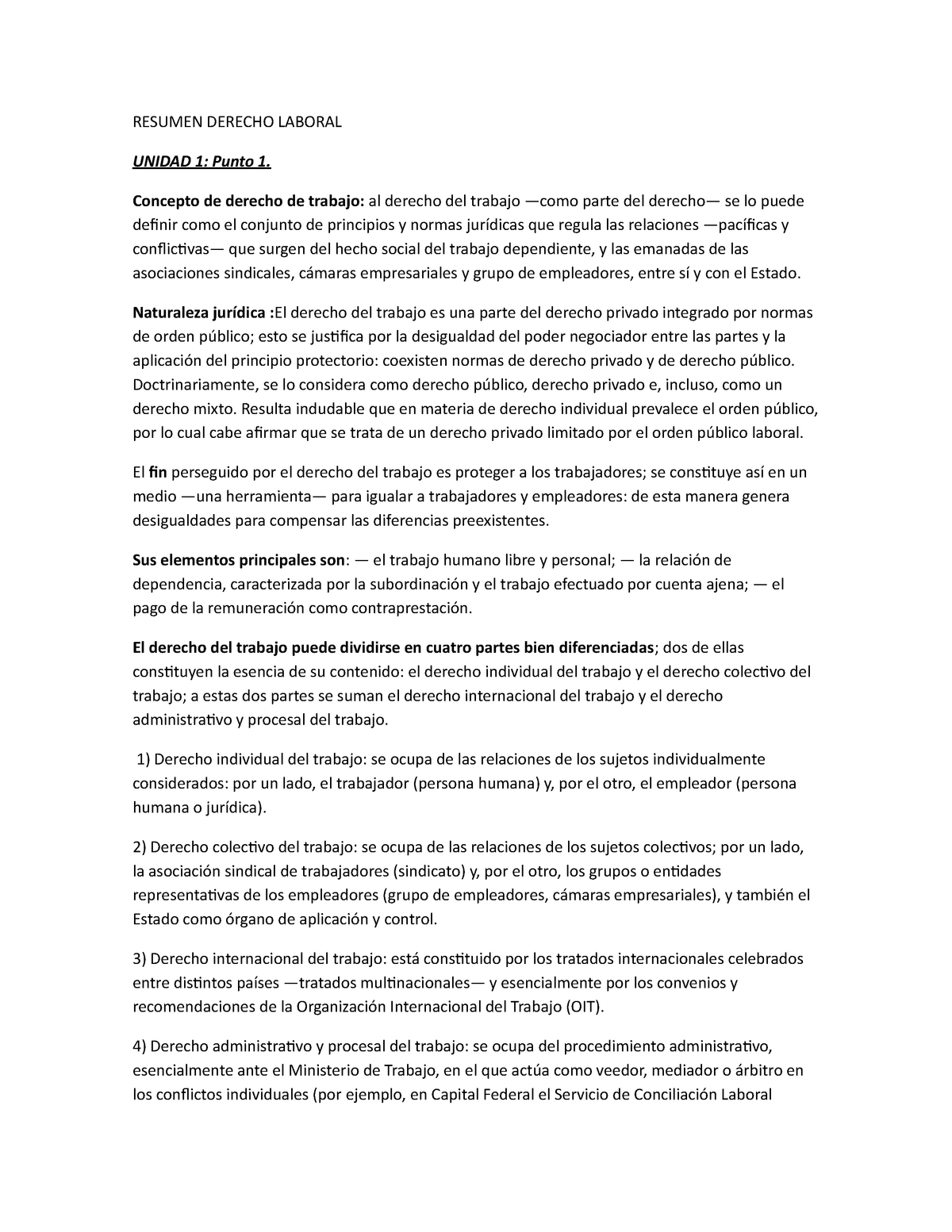 Resumen Derecho Laboral - RESUMEN DERECHO LABORAL UNIDAD 1: Punto 1 ...