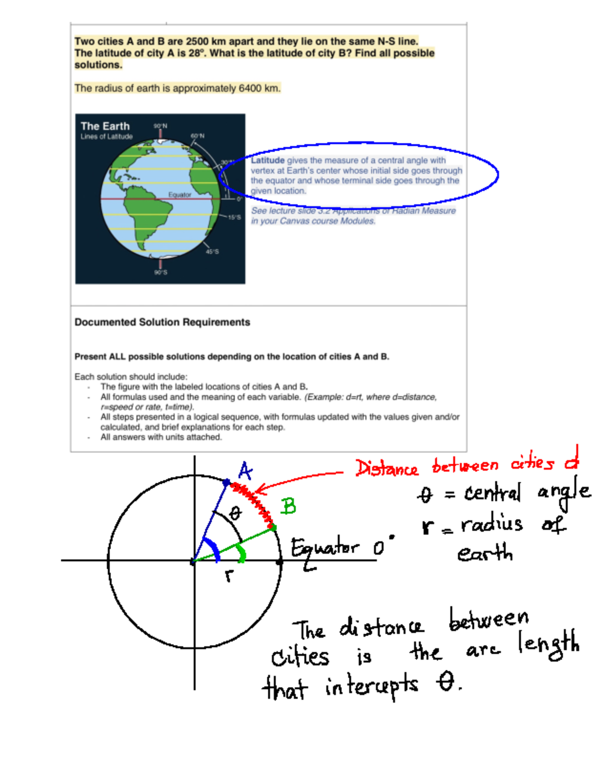 Latitude - Distance between cities d A B le · alte ⑳ t = central anay L ...