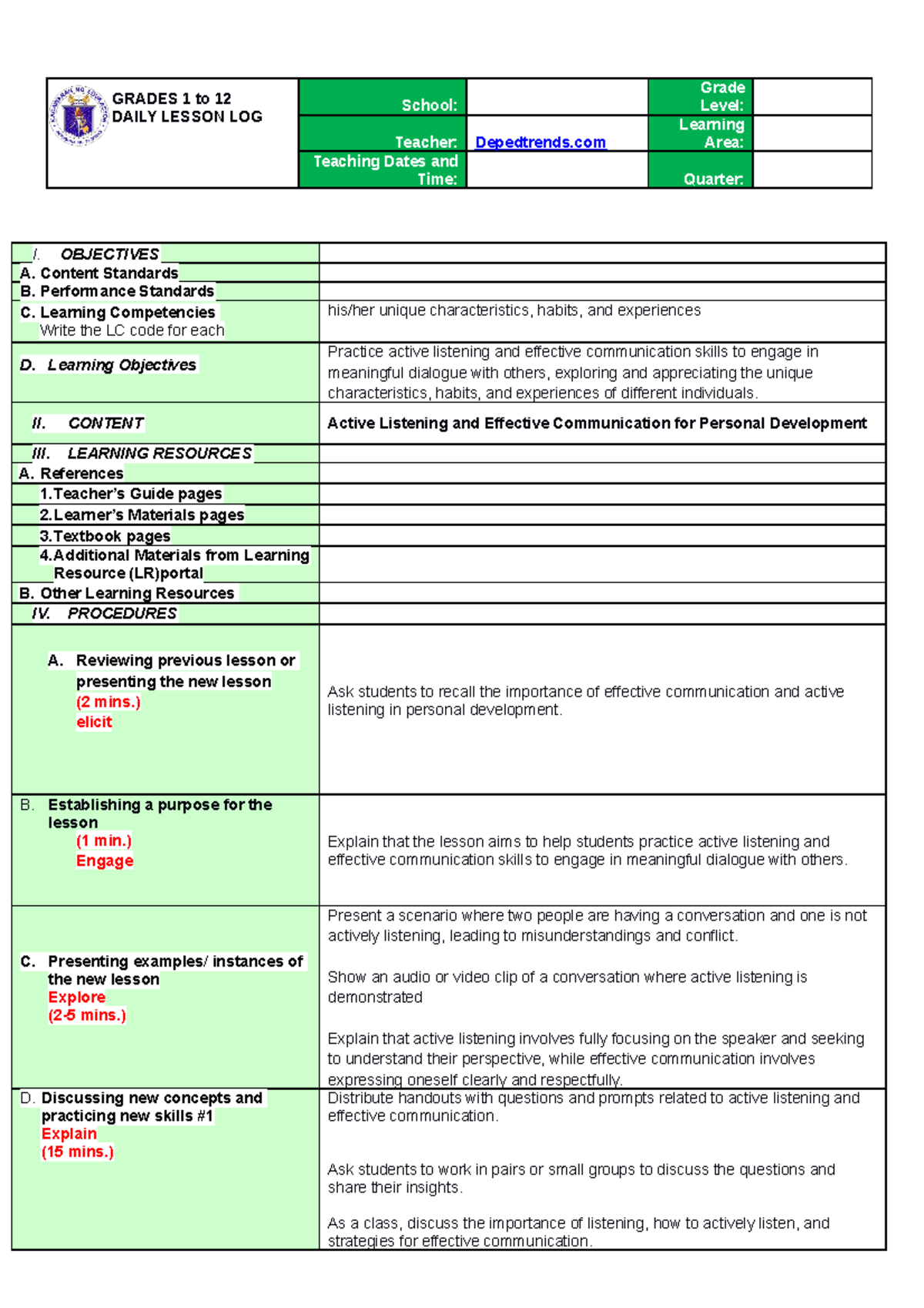 Lesson~2 - personal development - GRADES 1 to 12 DAILY LESSON LOG ...