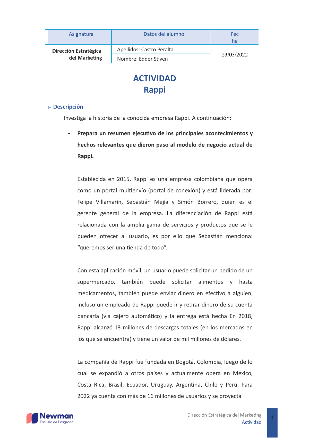 MBA - O22 - direccion estrategica de marketing Edder Castro - ACTIVIDAD  Rappi ▷ Descripción - Studocu
