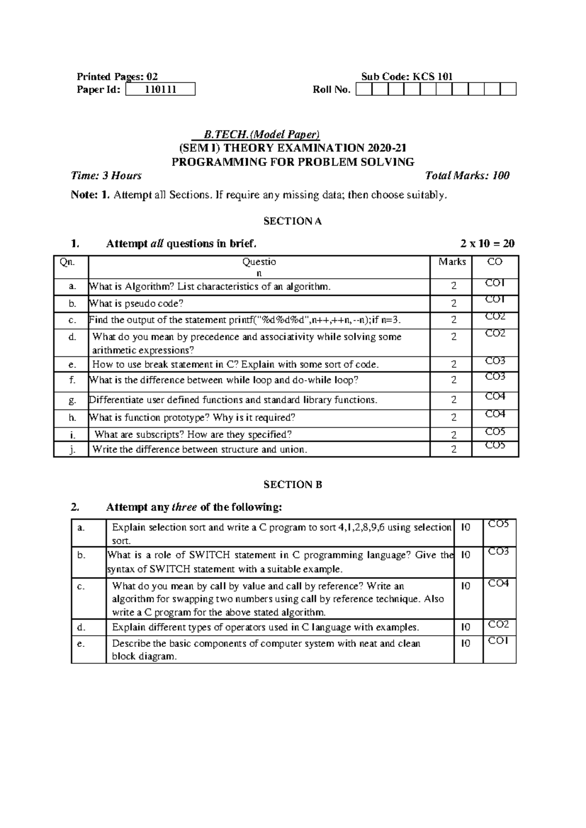 KCS101T PPS Model QP-2020-21 - 110111 Printed Pages: 02 Sub Code: KCS ...