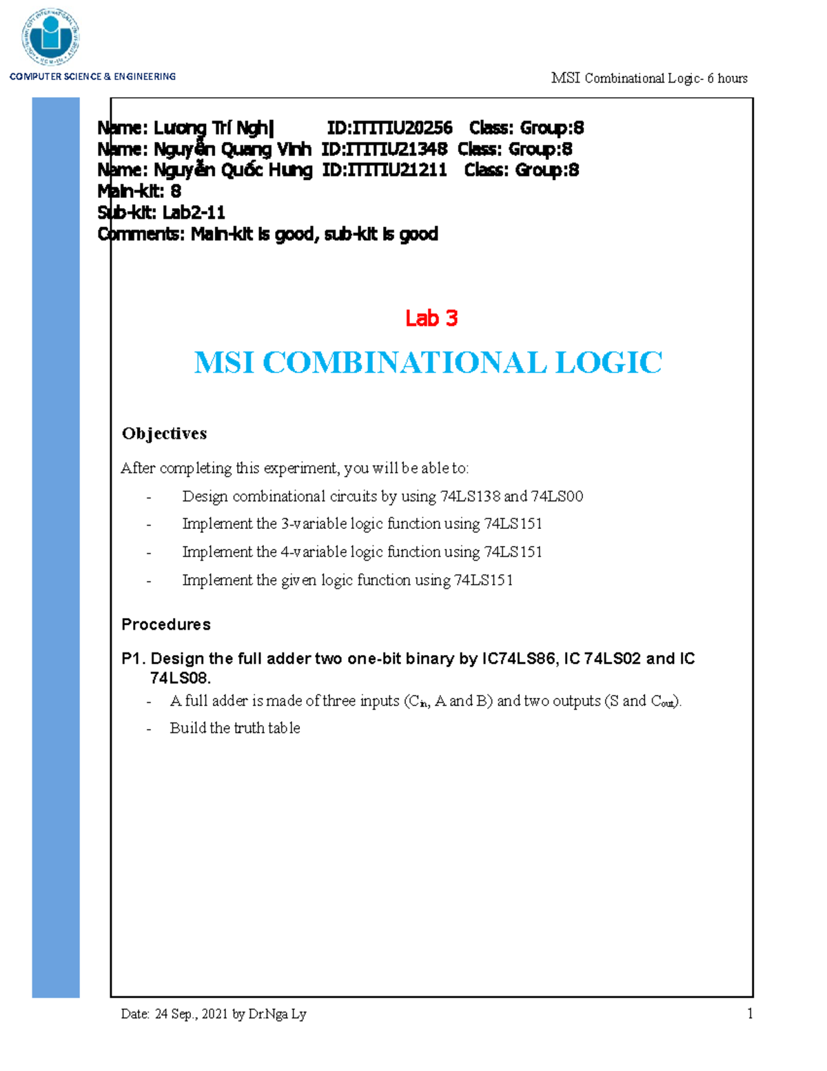 DLD LAB experiment lab2 - Name: L ươn g Trí Ngh ị ID:ITITIU 20256 Class ...