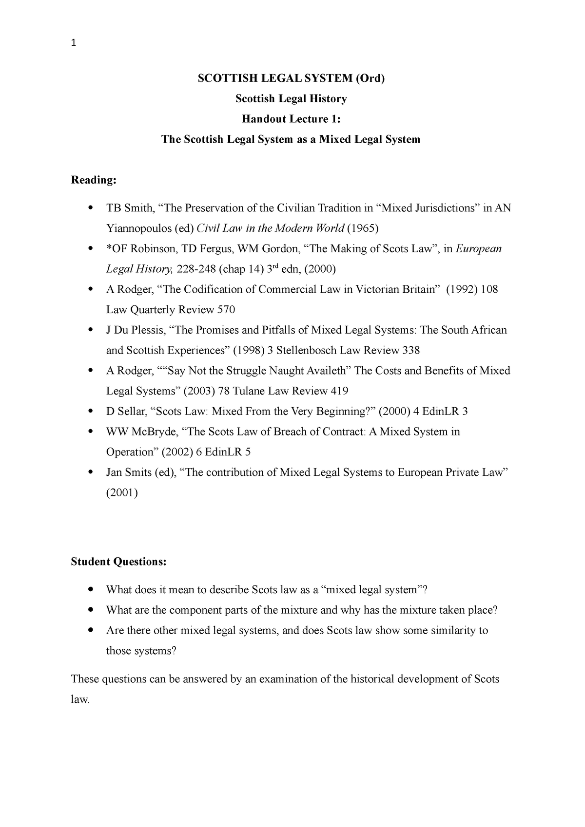 SLS Legal History Handout 1 - SCOTTISH LEGAL SYSTEM (Ord) Scottish ...