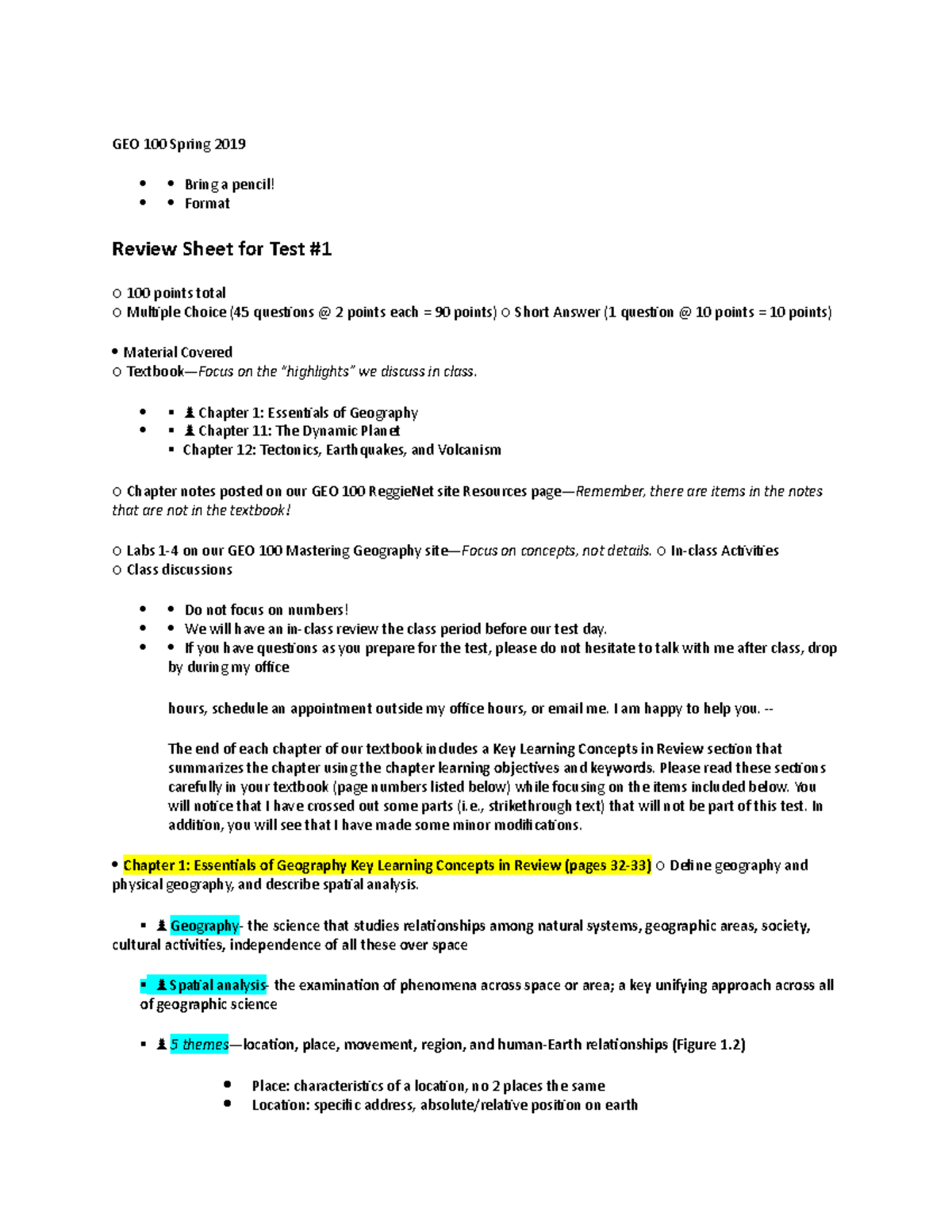 GEO 100 Spring 2019 EXAM I review GEO 100 Spring 2019 Bring a pencil