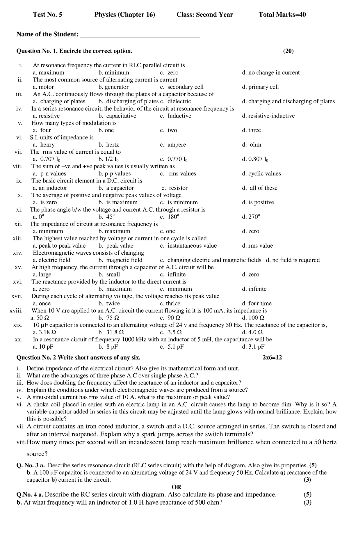 Test Chapter 16 - Notes - Test No. 5 Physics (Chapter 16) Class: Second ...