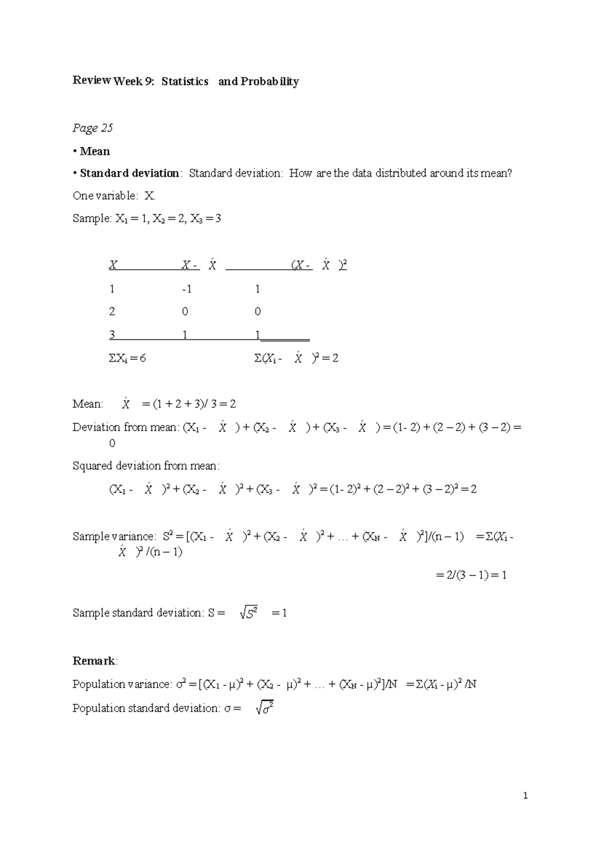 Week 10.Lecture Notes - Review Week 9: Statistics and Probability Page ...