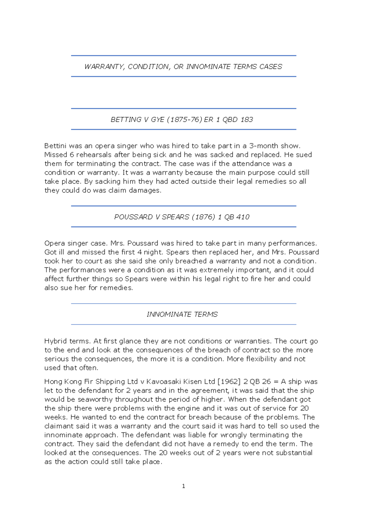 Warranty, Condition or Innominate terms Cases WARRANTY, CONDITION, OR