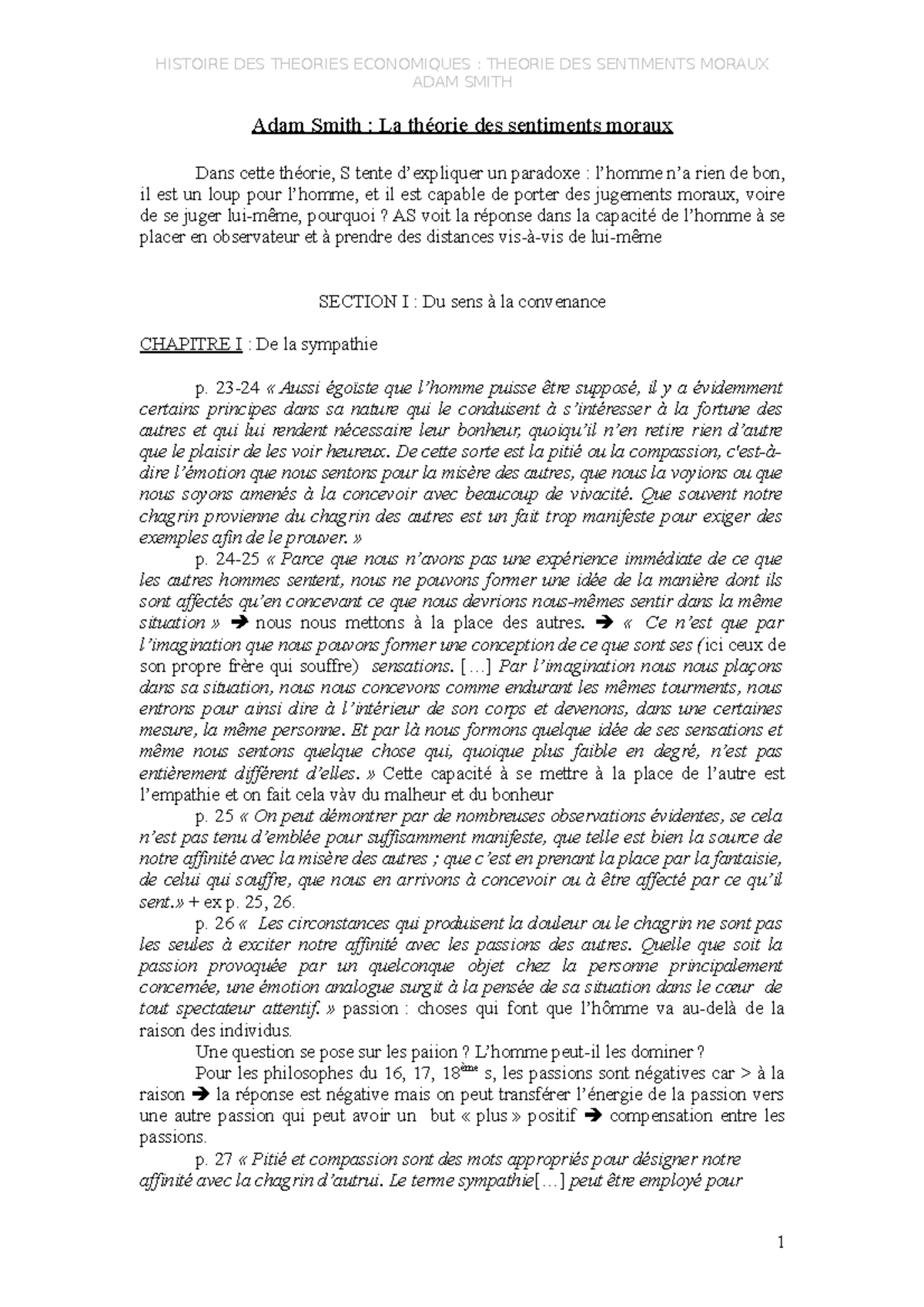 Notes de cours, cours Adam Smith La théorie des sentiments moraux MORAUX ADAM SMITH Adam Notes de cours, cours Adam Smith La théorie des sentiments moraux MORAUX ADAM SMITH Adam