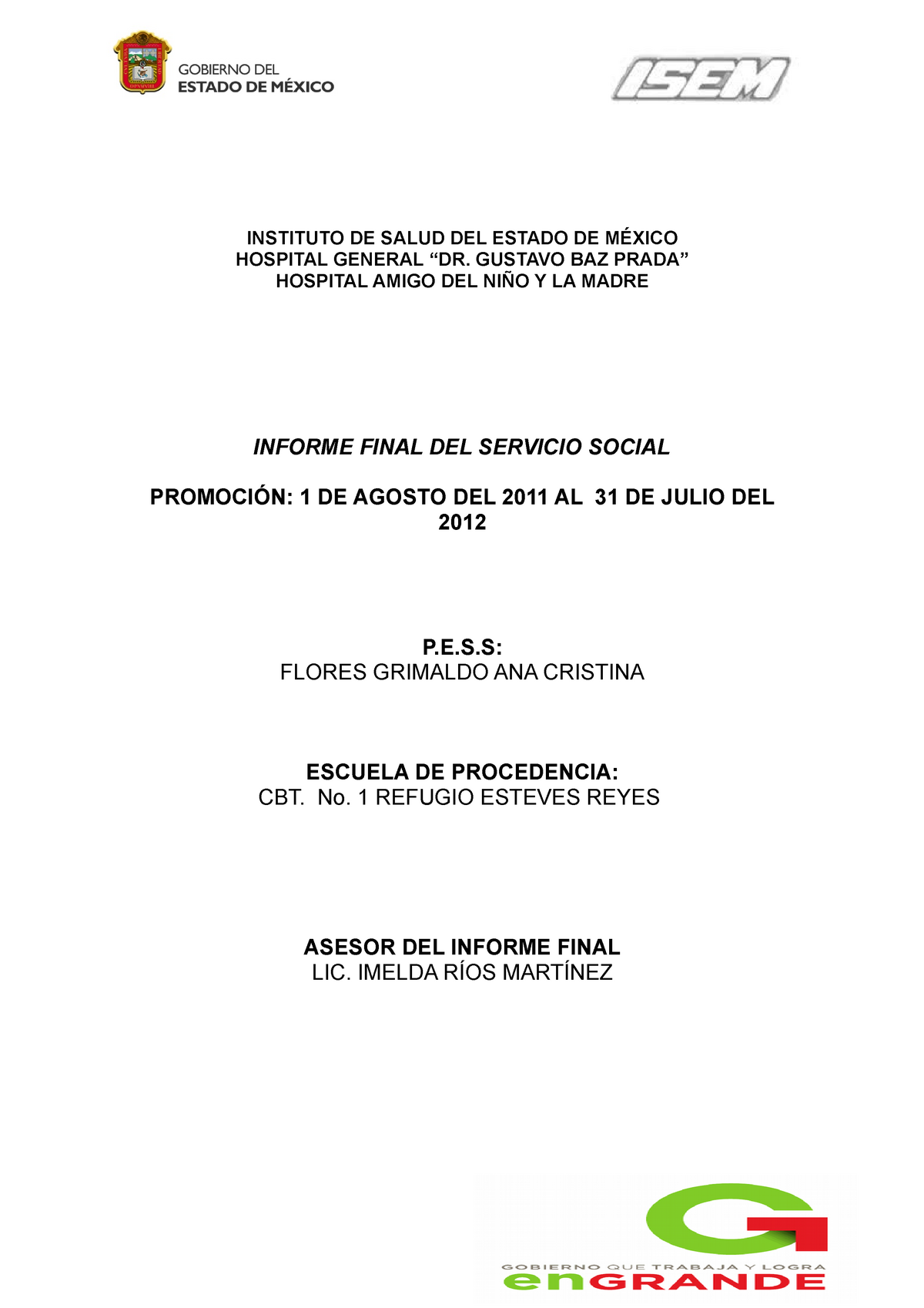Informe final original - INSTITUTO DE SALUD DEL ESTADO DE MÉXICO HOSPITAL  GENERAL “DR. GUSTAVO BAZ - Studocu