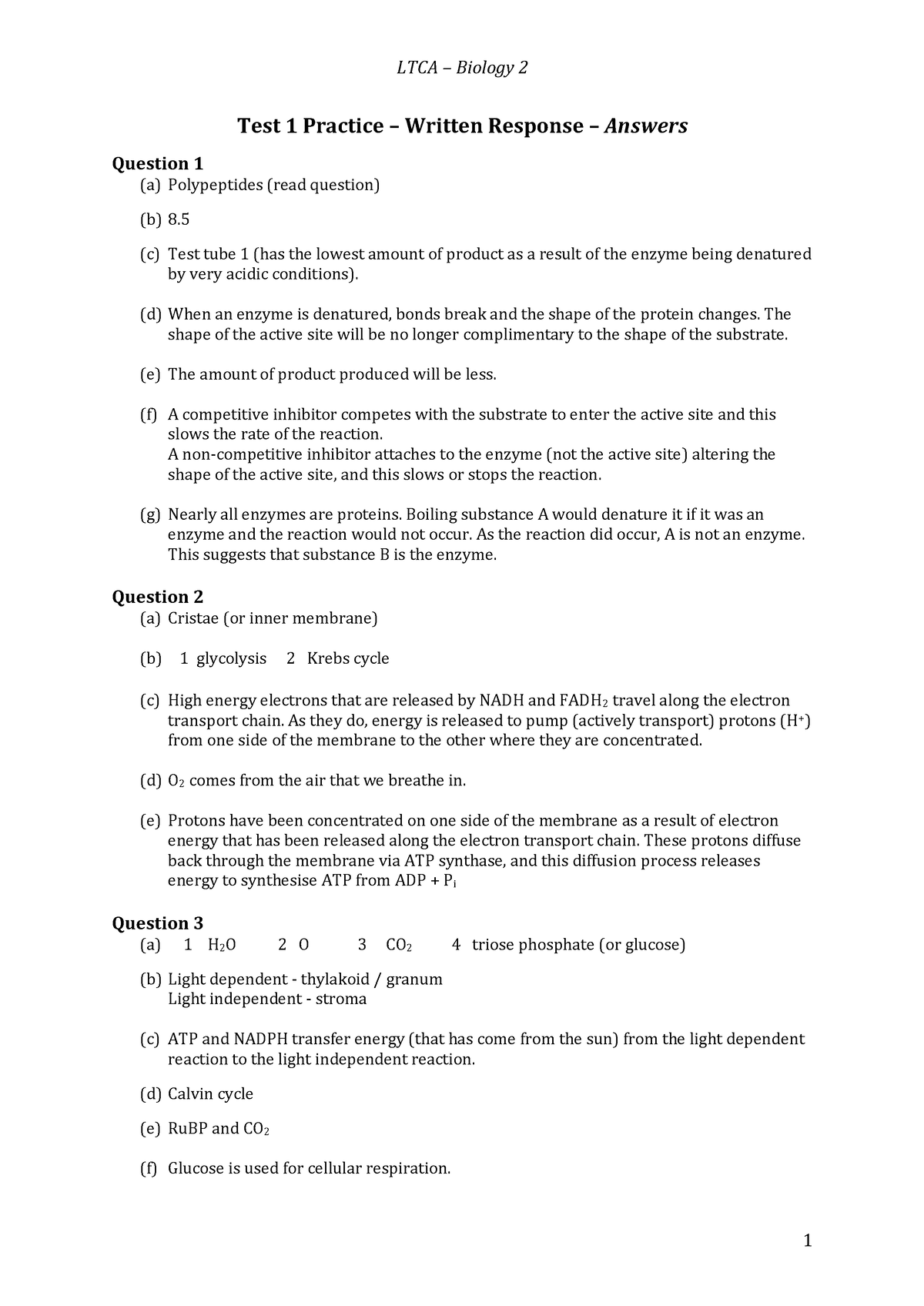 Test 1 Practice Written – Answers - LTCA – Biology 2 1 Test 1 Practice