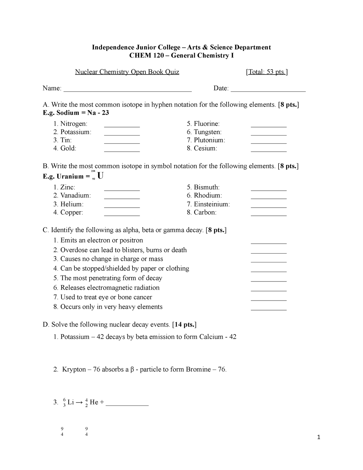 Nuclear Chemistry Worksheet - Independence Junior College – Arts ...