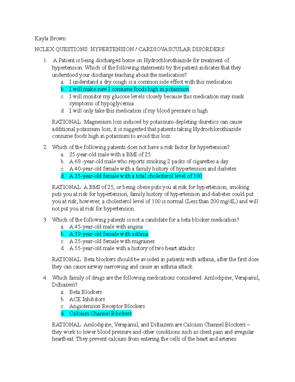 Nclex Quetions Cardiovascular And Hypertension Kayla Brown Nclex Questions Hypertension