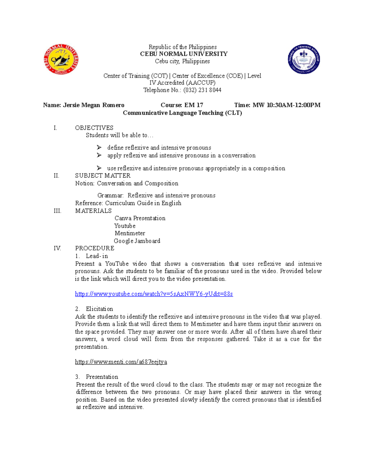 Lesson Plan v - Republic of the Philippines CEBU NORMAL UNIVERSITY Cebu ...