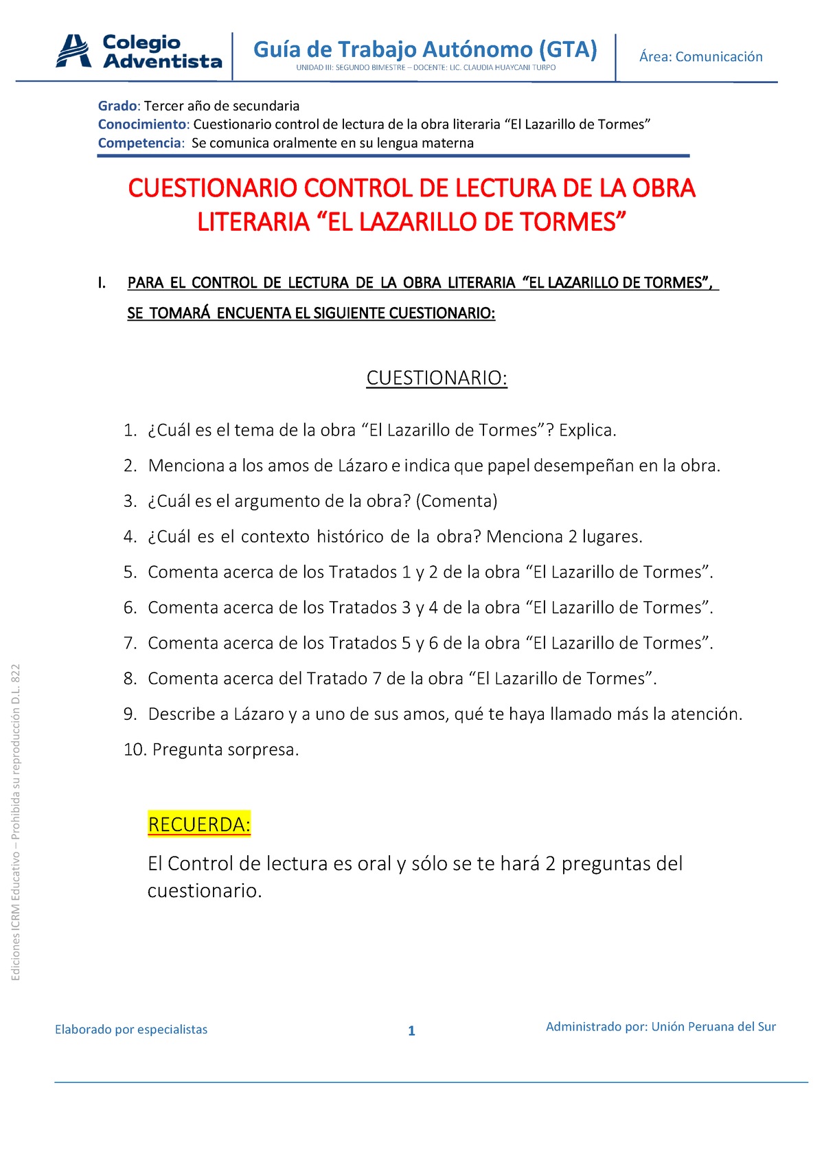 Cuestionario Control DE Lectura 3RO EL Lazarillo DE Tormes - Grado ...