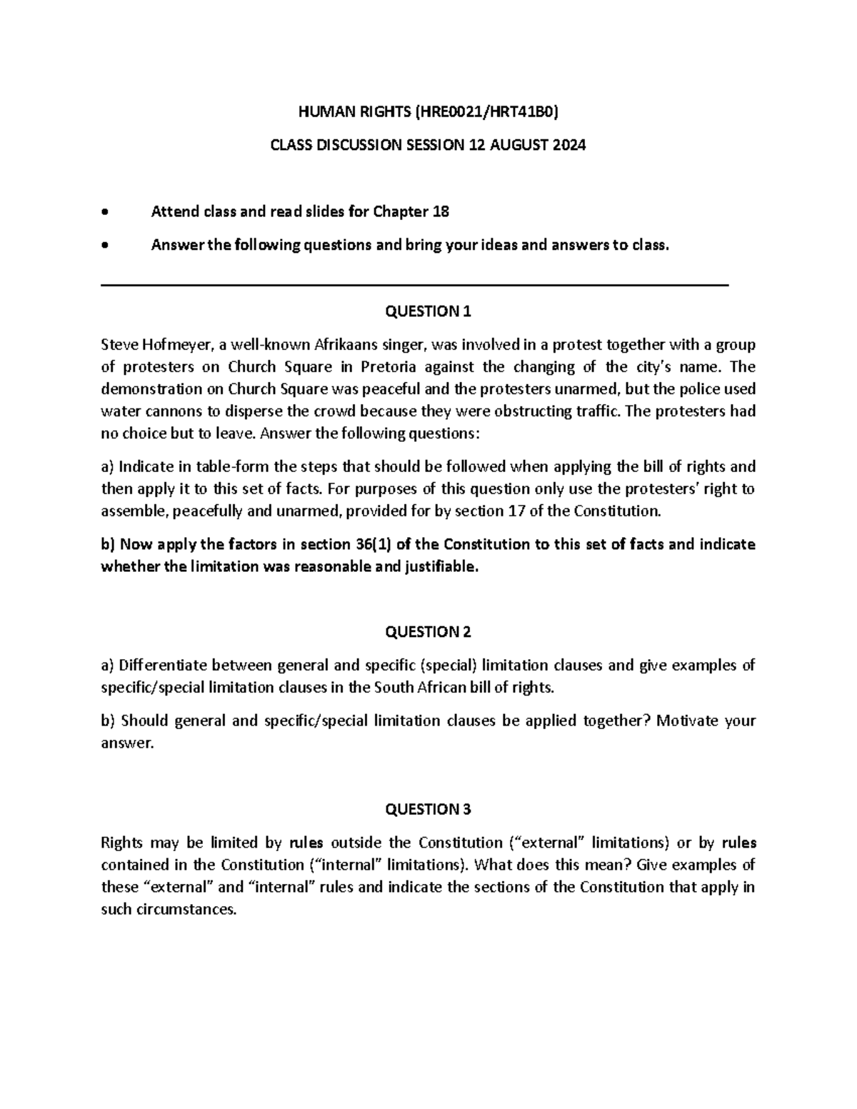 Chapter 18 class discussion - HUMAN RIGHTS (HRE0021/HRT41B0) CLASS ...