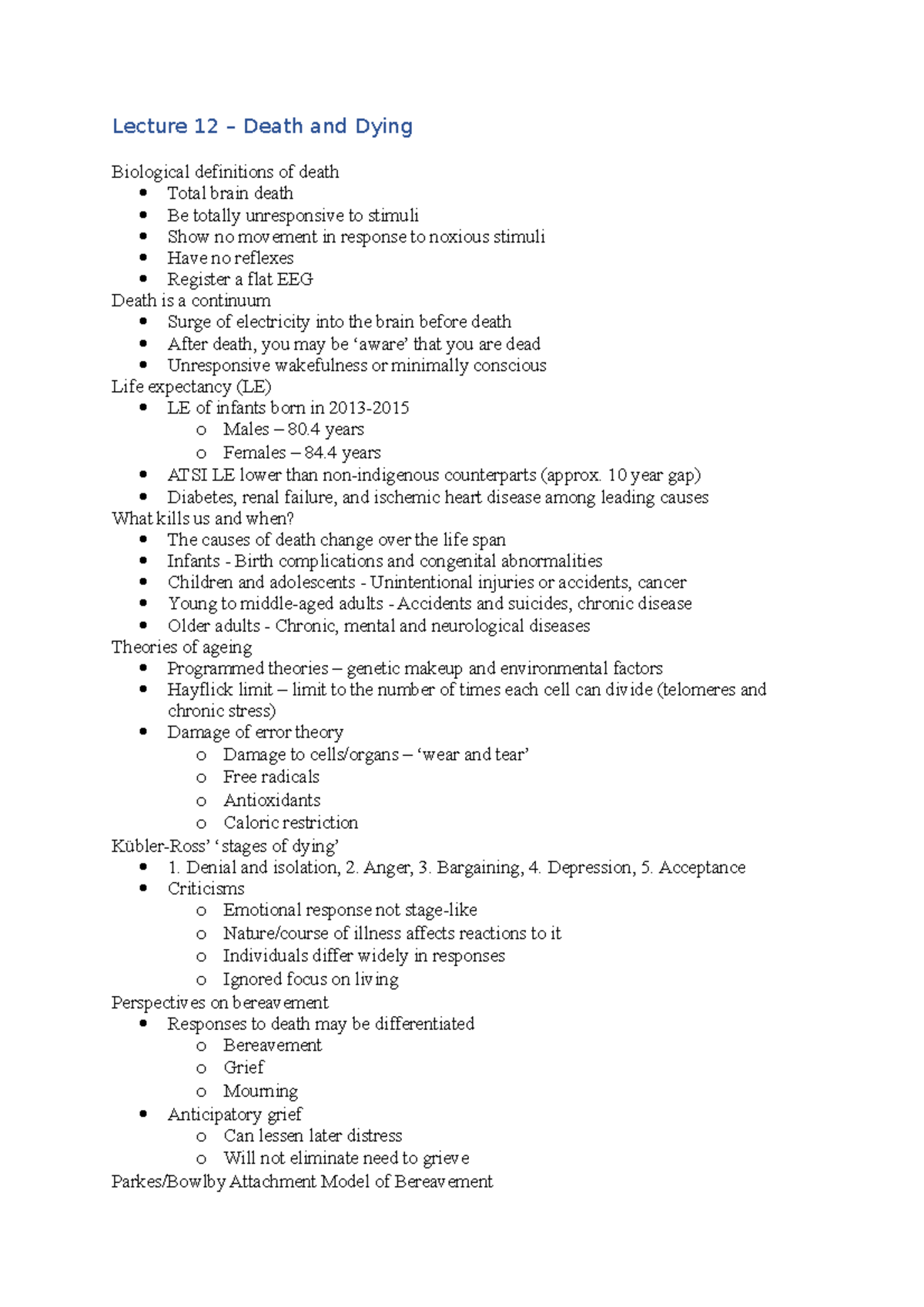 PSY286 Lecture 12 - Lecture 12 – Death and Dying Biological definitions ...
