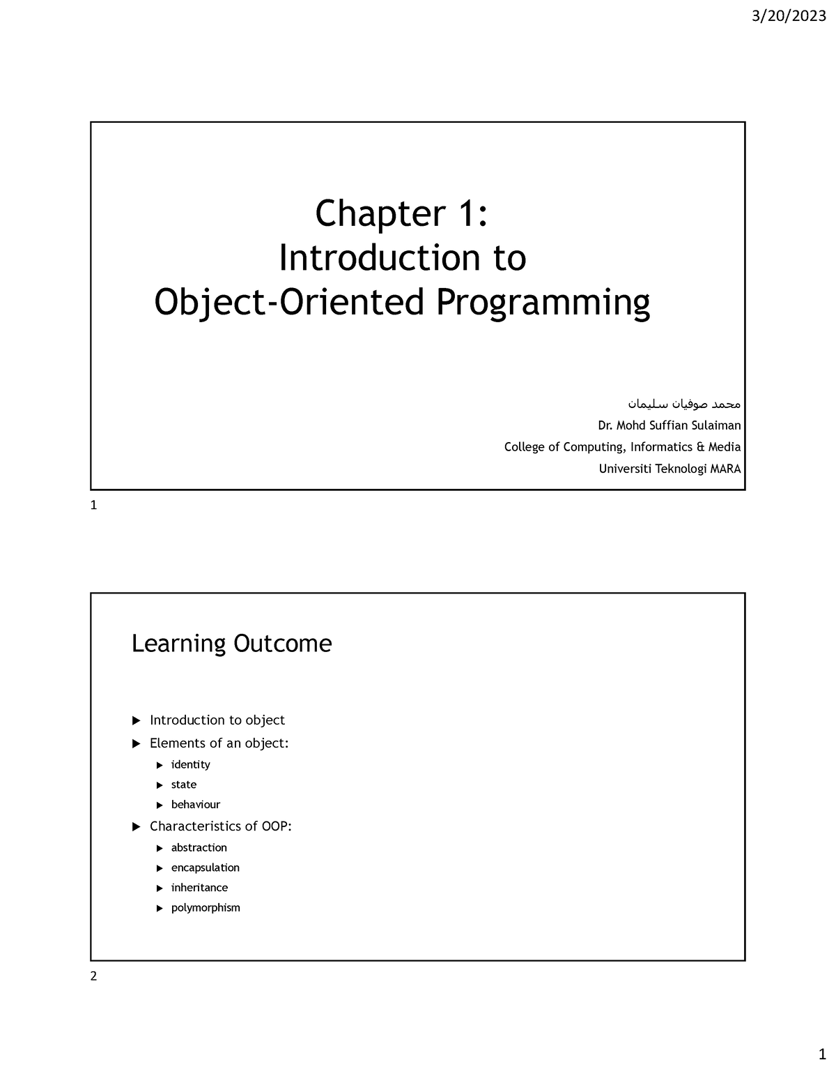 C1 - INTRODUCTION - Object-oriented Programming - UiTM - Studocu