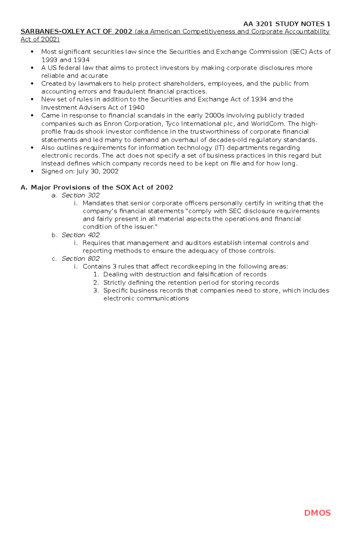 SOX Act of 2002 Notes AA 3201 STUDY NOTES 1 SARBANESOXLEY ACT OF