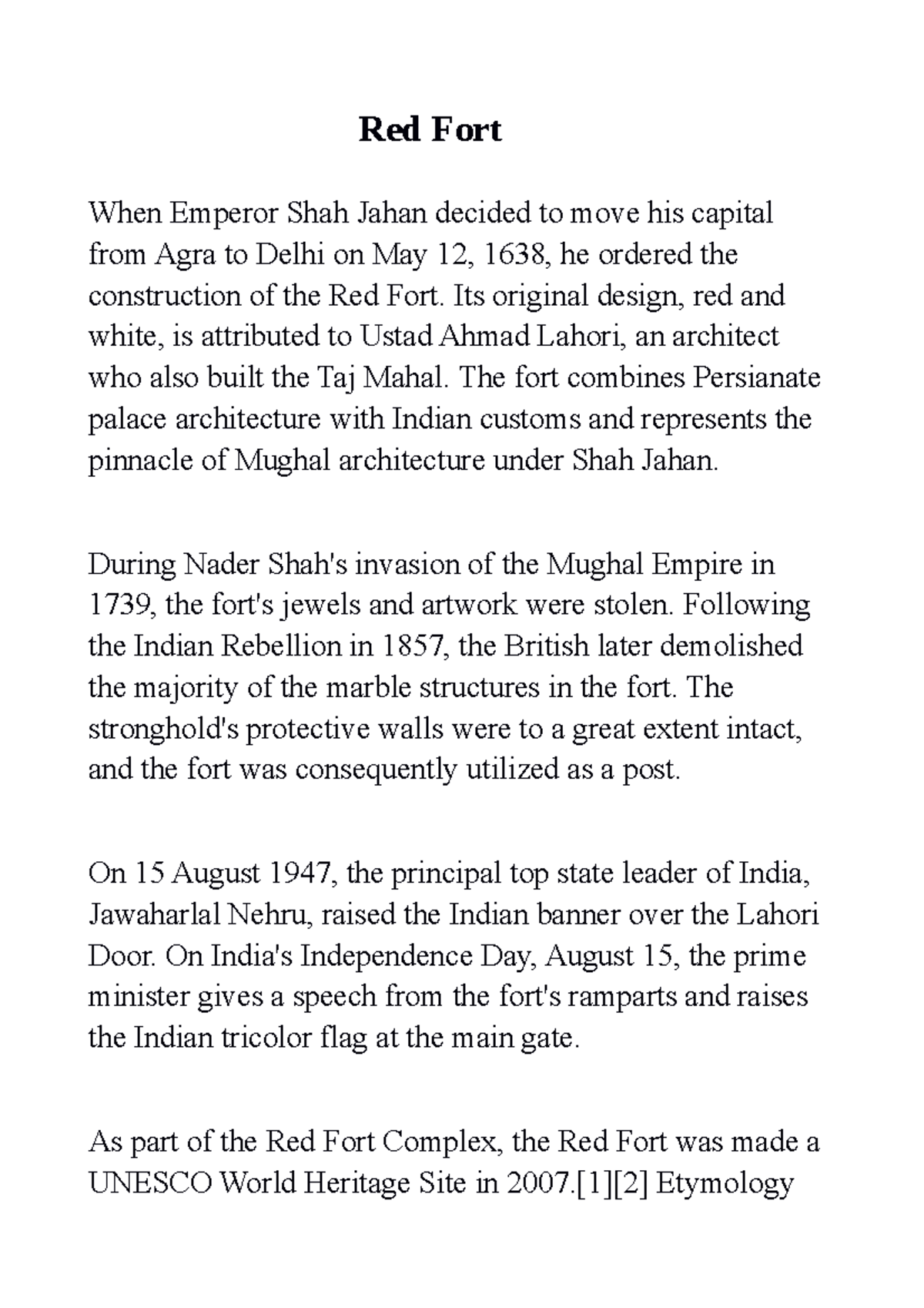 information about essay on red fort