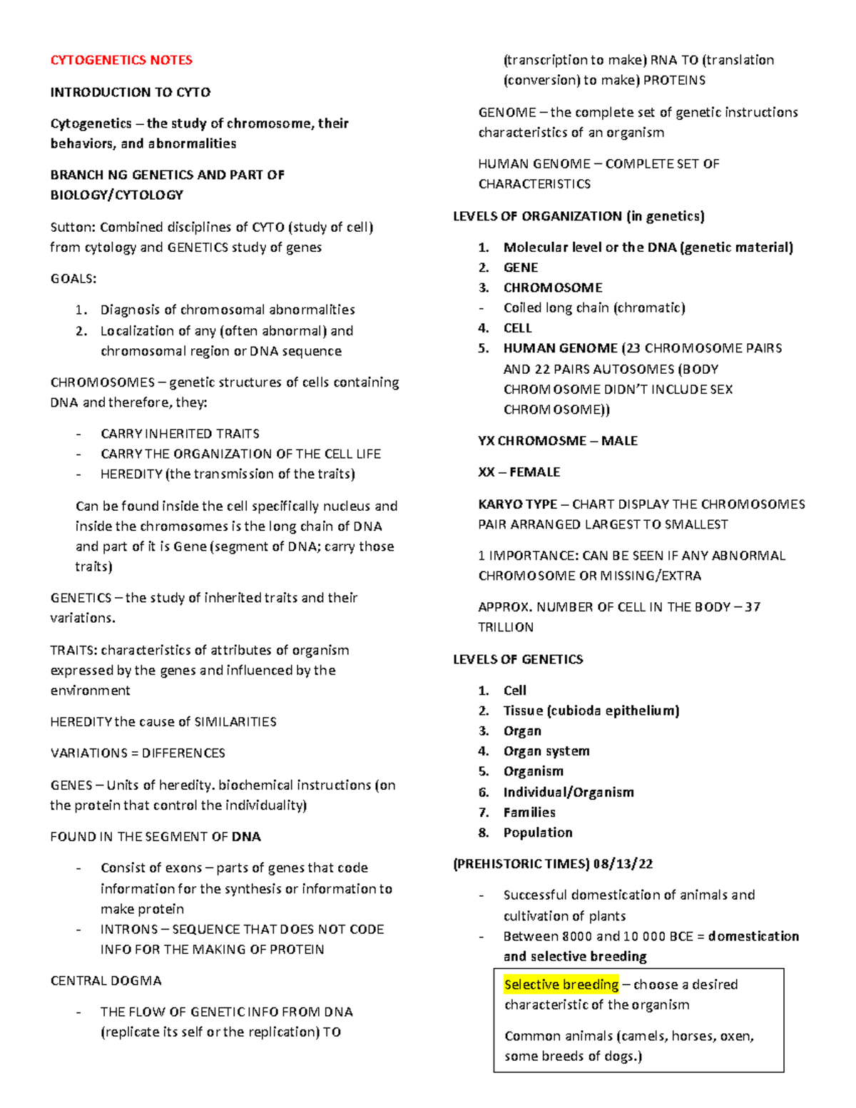 Cytogen Prelimnotes - CYTOGENETICS NOTES INTRODUCTION TO CYTO ...