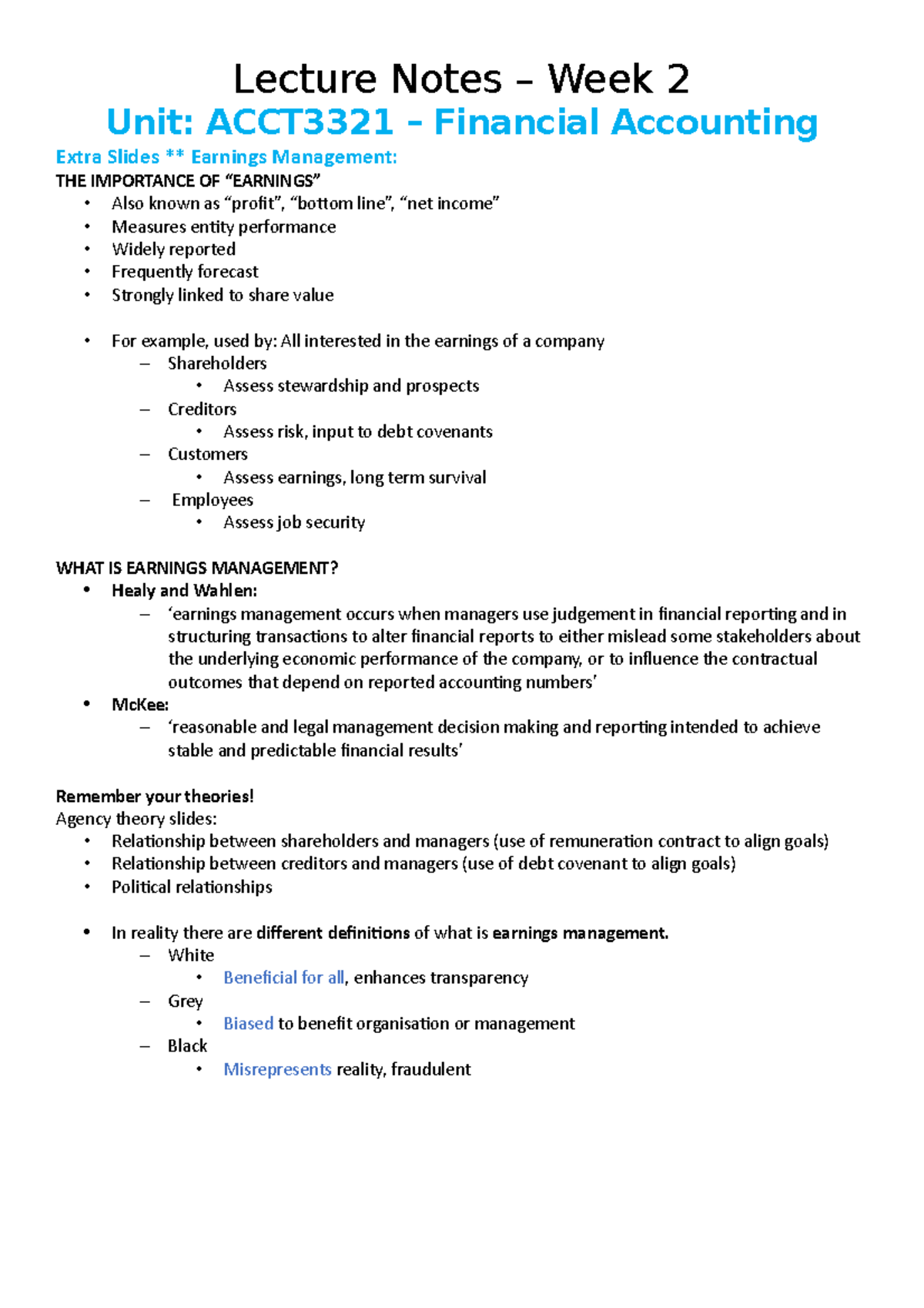 Lecture Notes W2 - Lecture Notes – Week 2 Unit: ACCT3321 – Financial ...