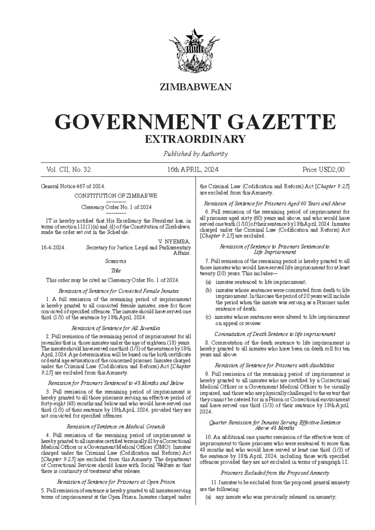 Government Gazette Vol 32 Extraord 16 4 2024 Clemency Order No 1