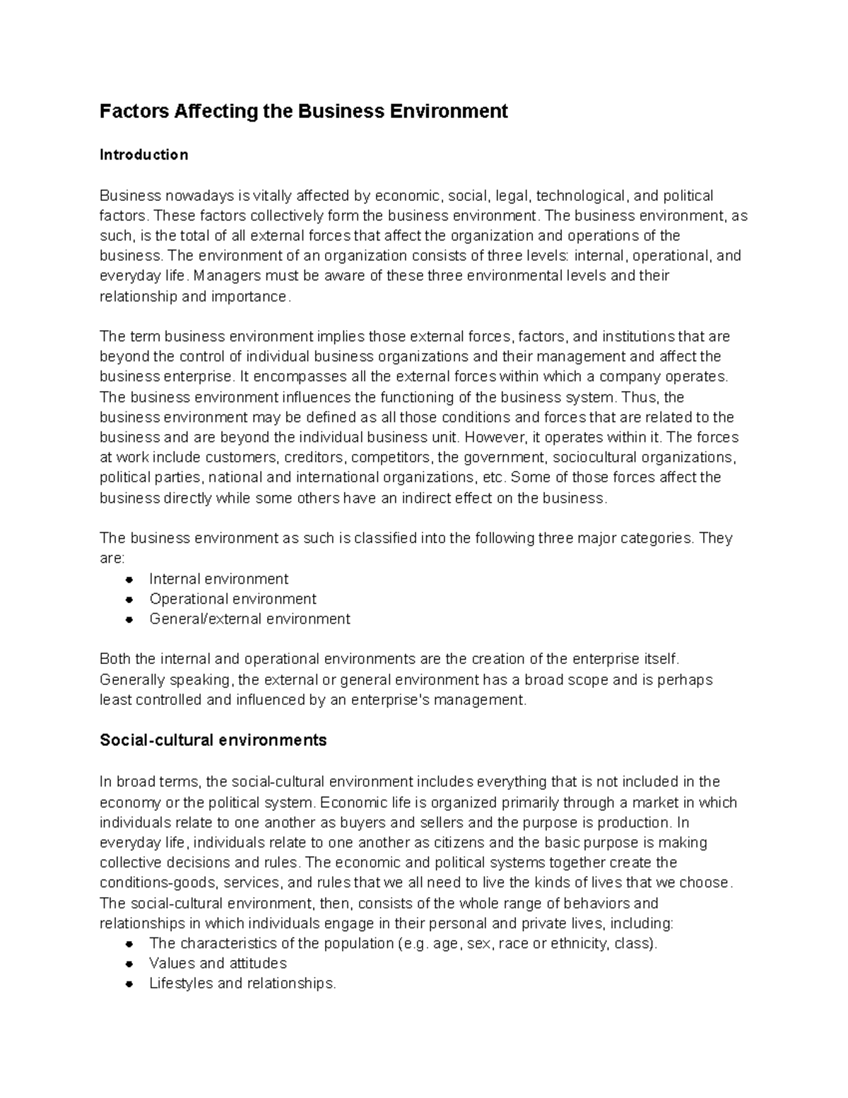 Factors Affecting the Business Environment Factors Affecting the