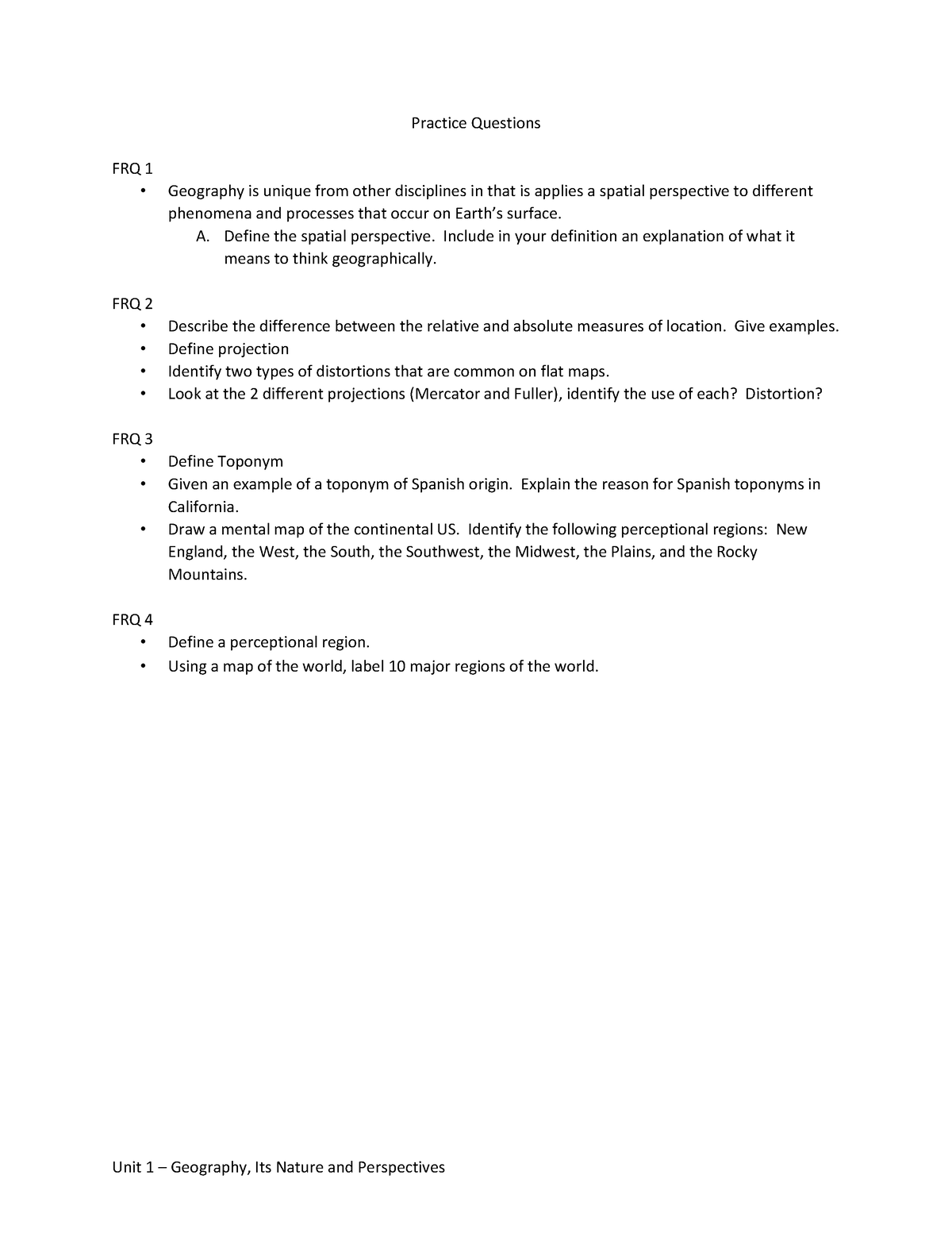 AP Human Geo Unit 1 Practice MC and FRQ Questions Practice