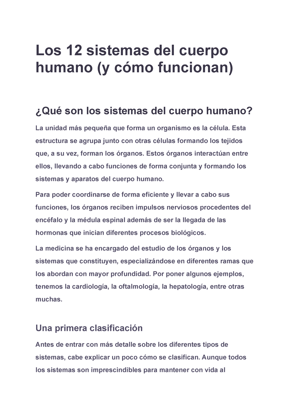 Sistemas del cuerpo humano y sus funciones