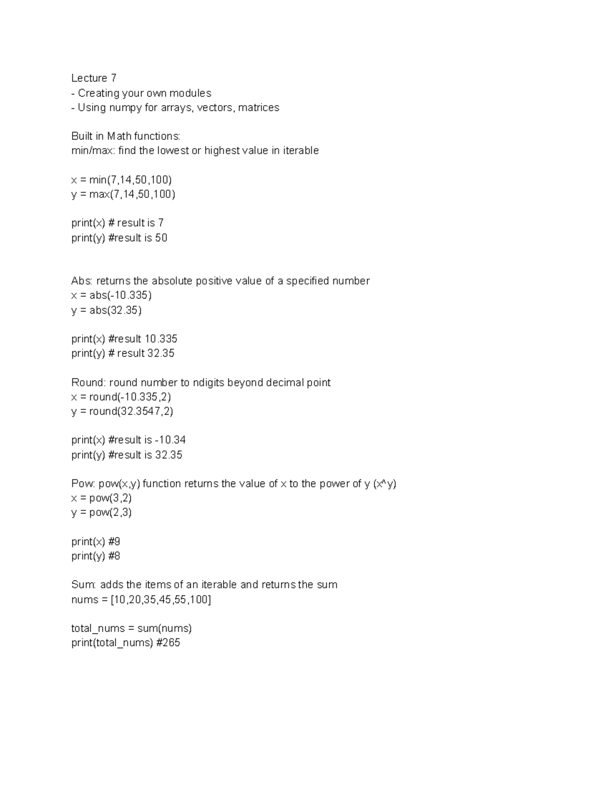 Lecture 7: Built in Math functions - Lecture 7 Creating your own ...