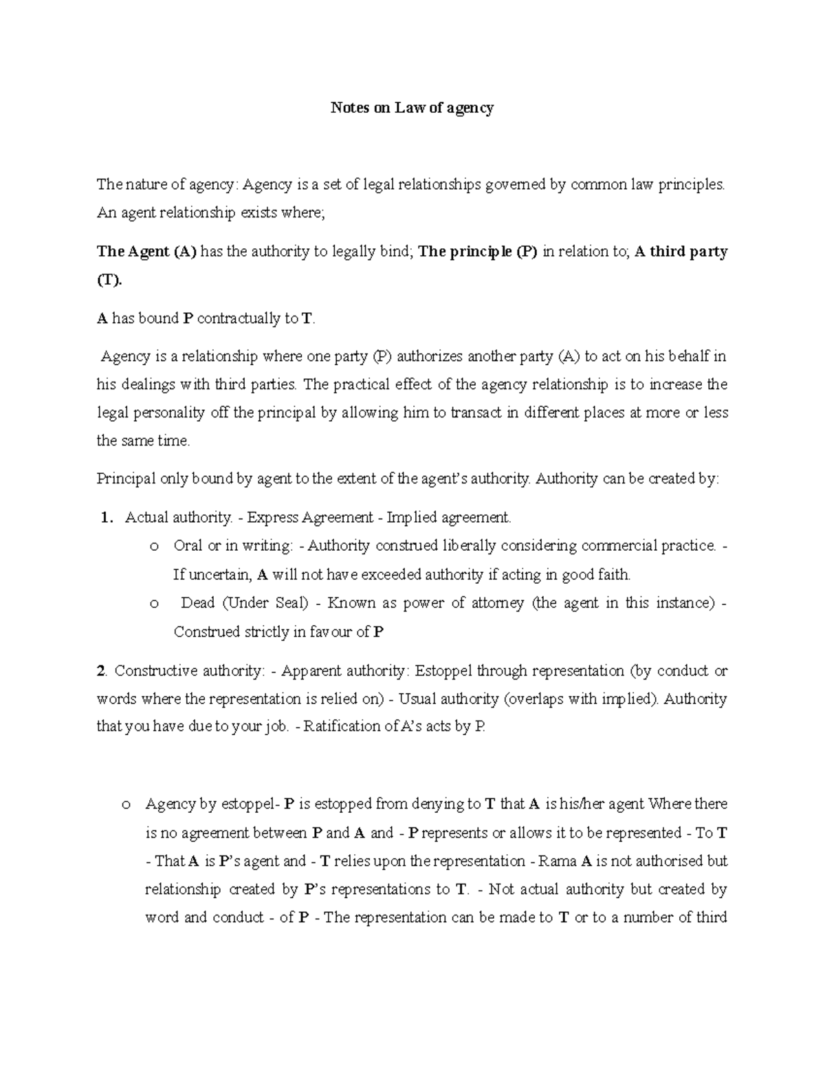 Commercial Law Notes - Notes On Law Of Agency The Nature Of Agency ...