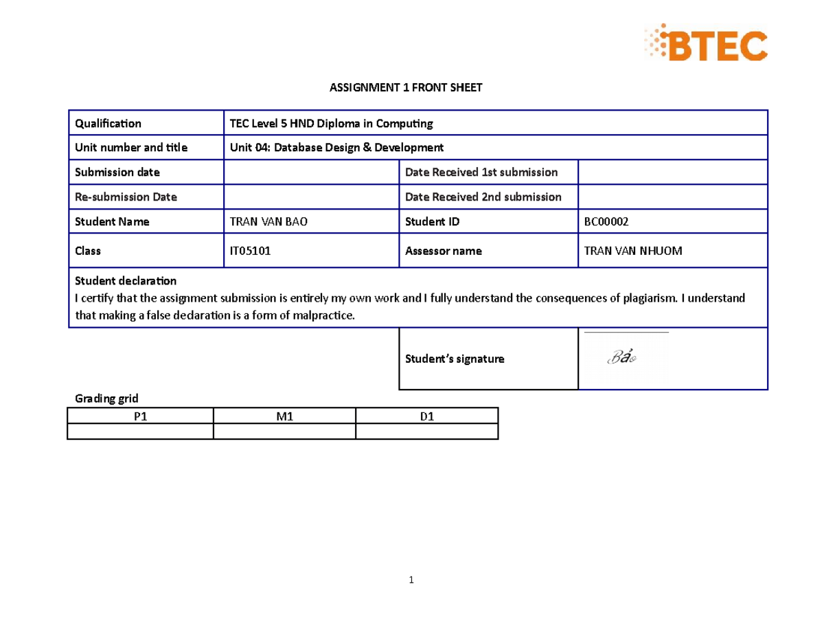 04-DDD.Assignment 1 frontsheet - ASSIGNMENT 1 FRONT SHEET Qualification ...