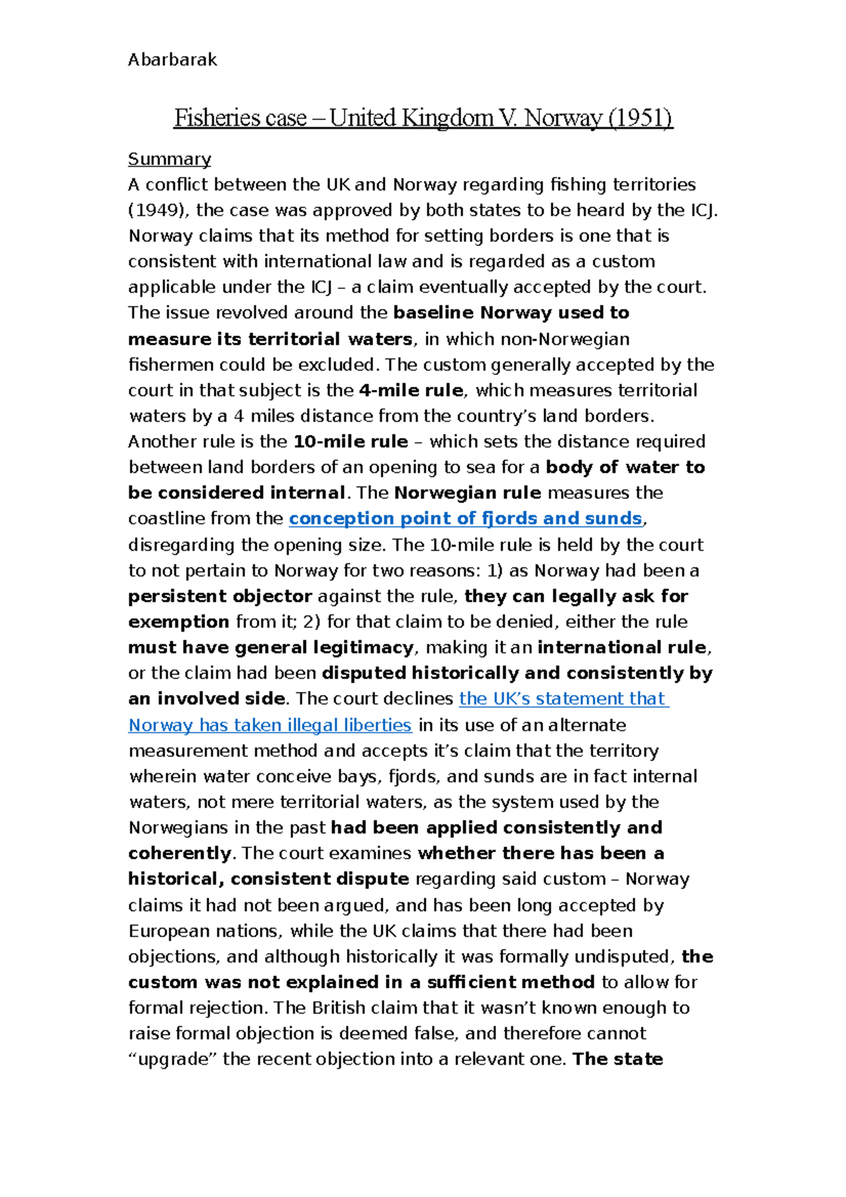 Summary fisheries case state practice persistent objector