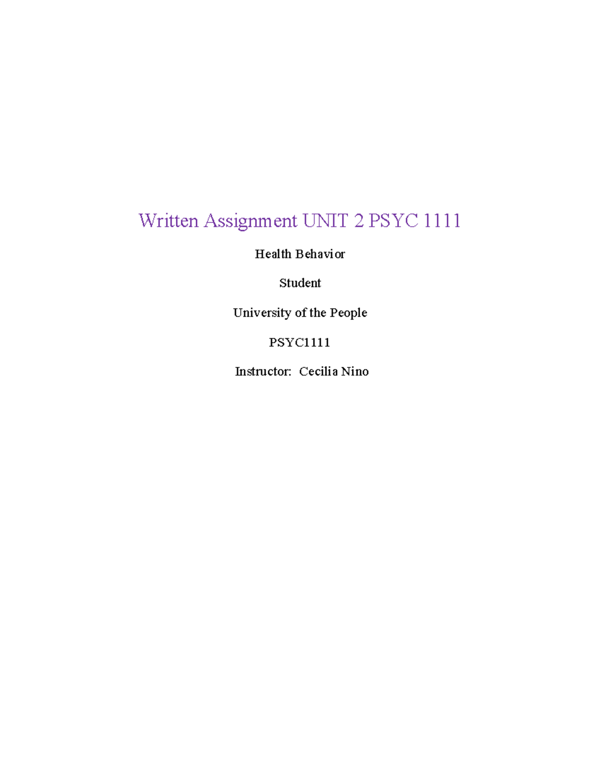 Written Assignment Unit 2 PSYC1111 - PSYC 1111 - UoPeople - Studocu