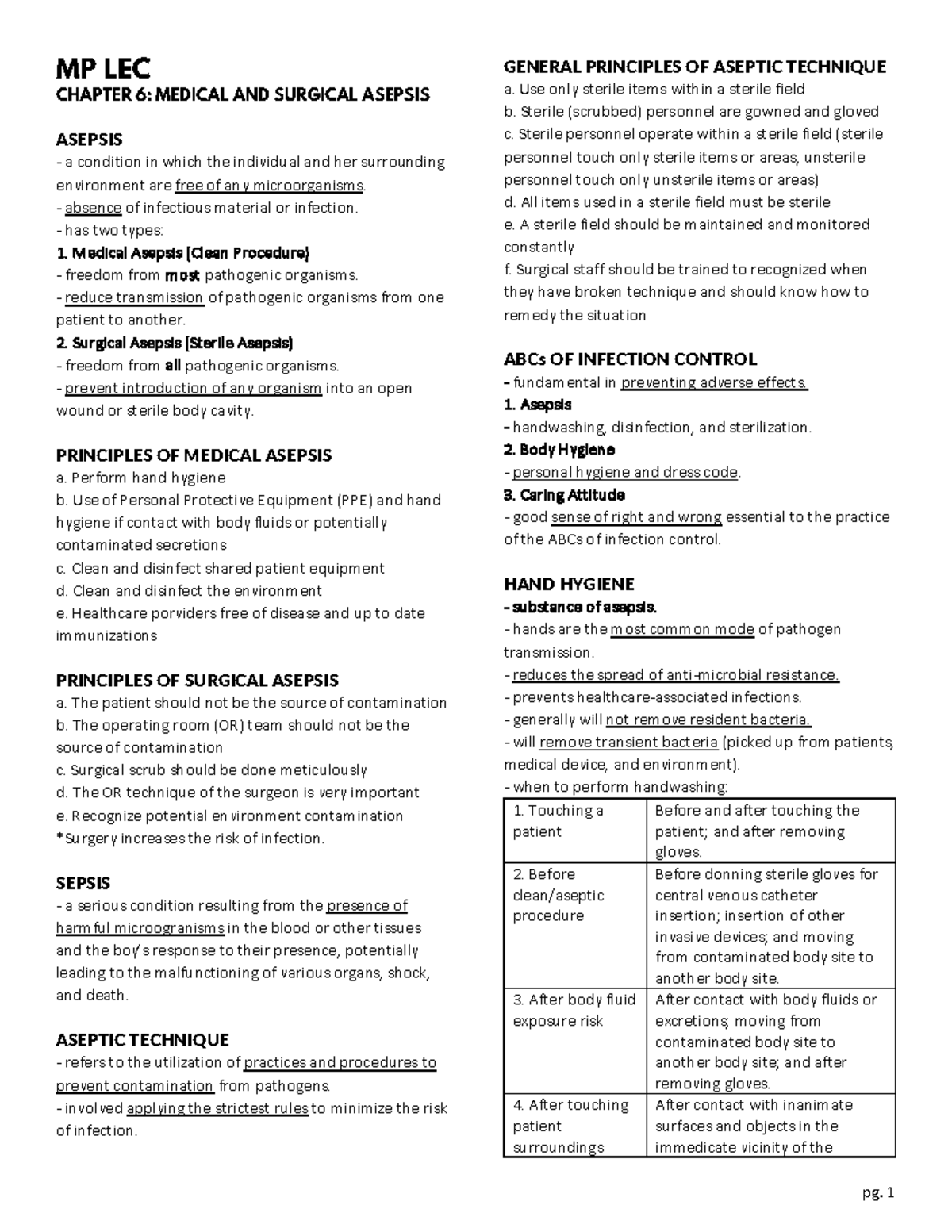 Chapter 6, Medical and Surgical Asepsis (MP Lec) pg. 1 ASEPSIS a