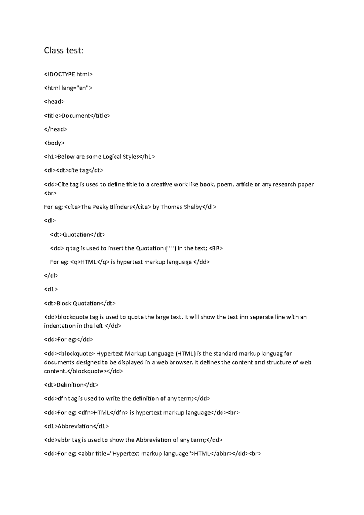 Class test - t es3t - Class test: - Studocu