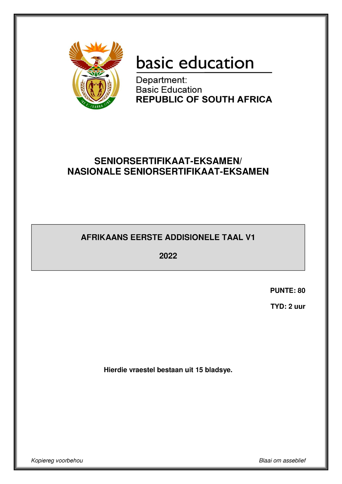 Afrikaans FAL P1 May-June 2022 - SENIORSERTIFIKAAT-EKSAMEN/ NASIONALE ...