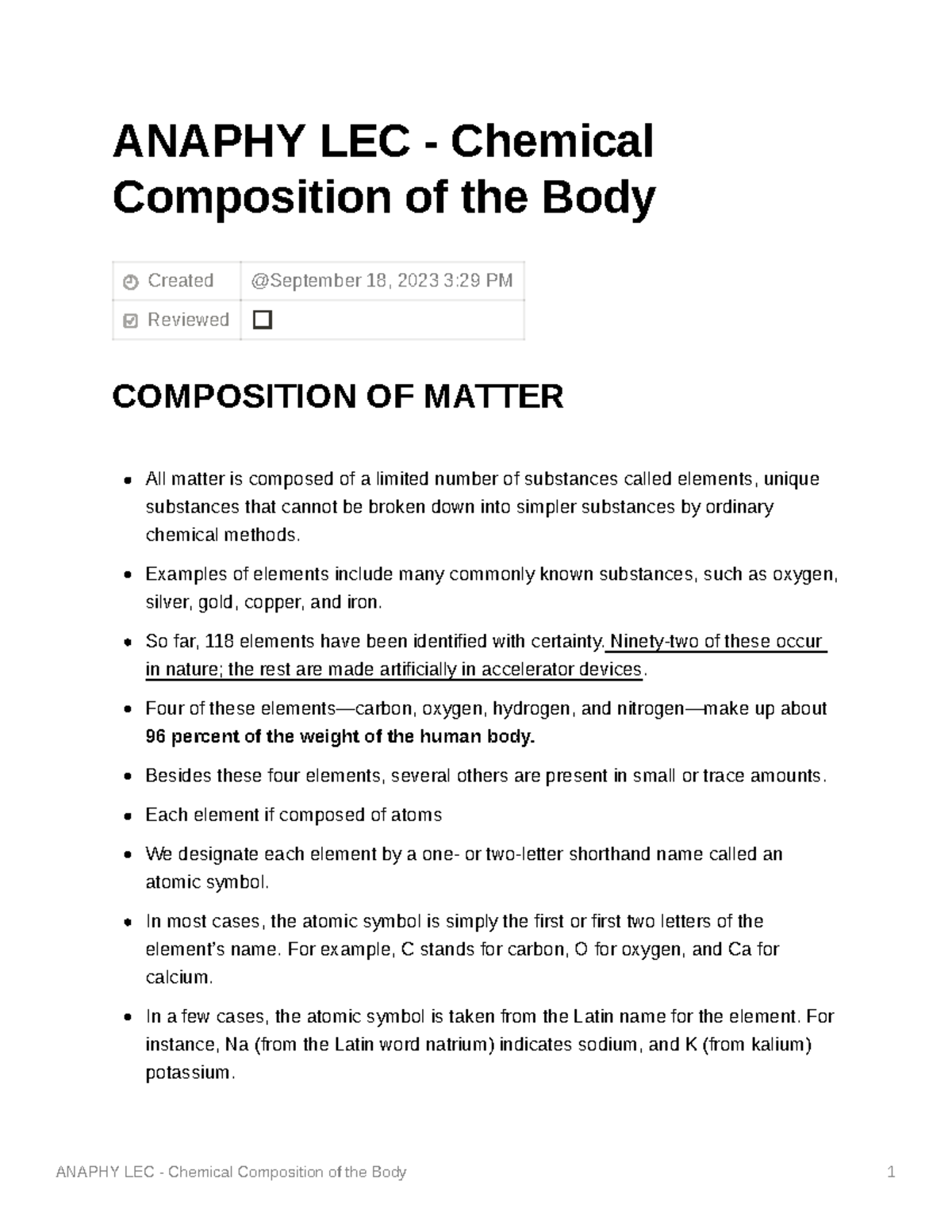 Anaphy LEC Chemical Composition of the Body - ANAPHY LEC - Chemical ...